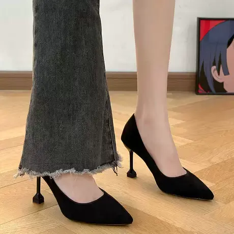 黑色高跟鞋女2023新款春秋不累脚礼仪职业气质法式尖头细跟单鞋子图片
