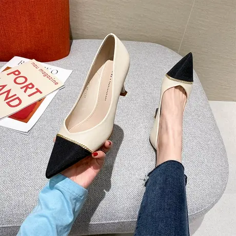 尖头细跟法式高跟鞋女2023夏季新款撞色拼接气质温柔晚晚风宴会鞋图片