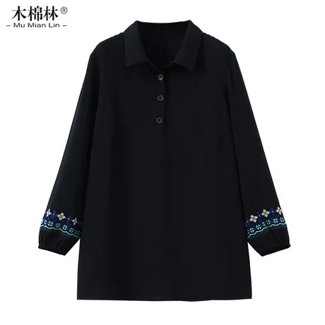 宽松大码女装翻领上衣T恤花朵刺绣长袖2024春胖MM遮肚显瘦遮胯女商品大图