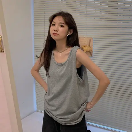 纯棉港风吊带运动坎肩背心无袖t恤女夏季设计感小众外穿挂脖上衣商品大图
