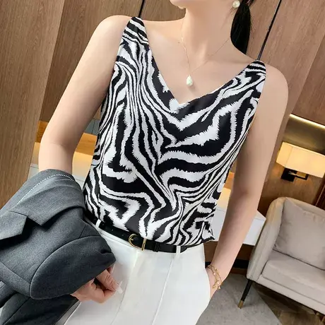 冰丝吊带背心女夏季雪纺真丝缎面黑色内搭蕾丝拼接v领外穿打底衫图片
