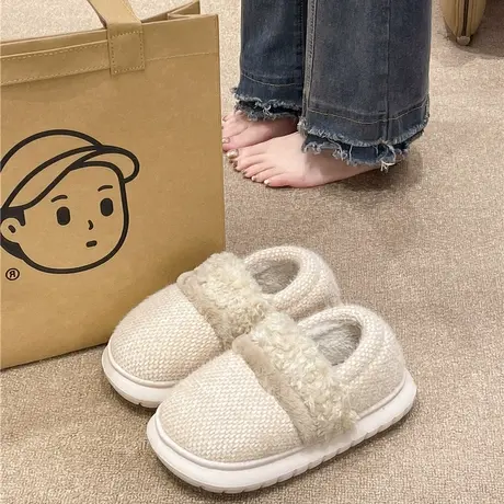 厚底防滑棉拖鞋女冬季简约时尚外穿保暖毛绒室内居家包跟月子棉鞋商品大图