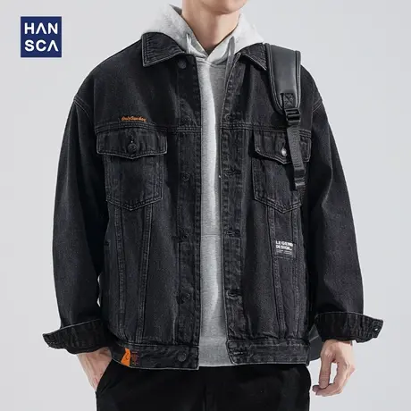 hansca黑色工装牛仔外套男秋季高街美式复古潮牌痞帅宽松大码夹克商品大图