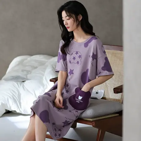 婷美睡裙女士睡衣夏季纯棉短袖圆领中长款连衣裙高颜值薄款家居服图片