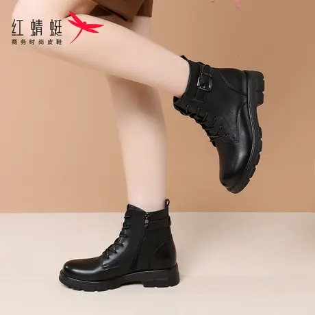 红蜻蜓女鞋真皮靴子加绒保暖短靴马丁靴女款2023新款秋季英伦软皮商品大图