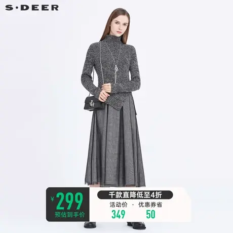 sdeer圣迪奥秋冬高领格纹网纱拼接针织毛衣两件套连衣裙S20463504商品大图