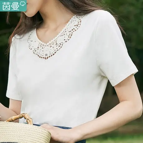 茵曼气质镂空蕾丝V领短袖T恤女2023年夏季新款宽松显瘦白色上衣图片