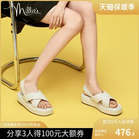 millie's妙丽新款羊皮时尚设计感交叉带休闲软厚底女凉鞋232-1BL2图片