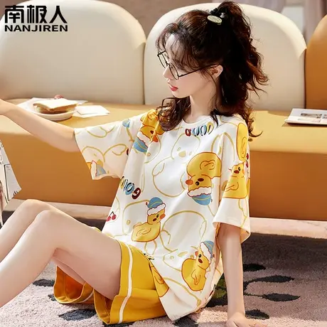 睡衣女夏季夏天女款2024新款纯棉短袖女士春秋款满印鸭家居服夏款商品大图