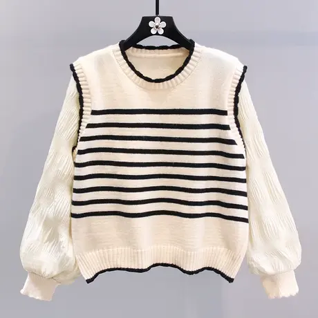 黑白条纹假两件套头毛衣女春装2023年新款宽松软糯拼接针织衫上衣图片