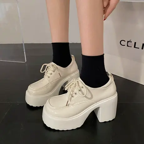 厚底小皮鞋女秋冬季增高粗跟玛丽珍单鞋女鞋圆头系带高跟鞋乐福鞋商品大图