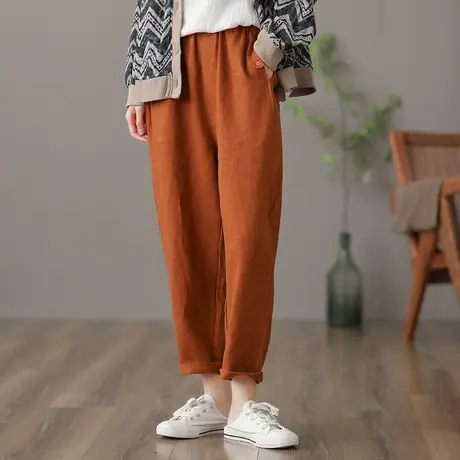 dza 高腰显瘦亚麻裤子女士2022新款春季棉麻休闲裤宽松复古阔腿裤图片