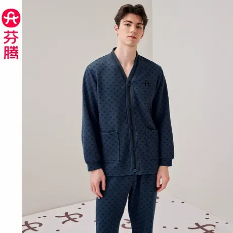芬腾男士睡衣秋冬季纯棉长袖抗菌套装空气棉夹层休闲加大码家居服商品大图