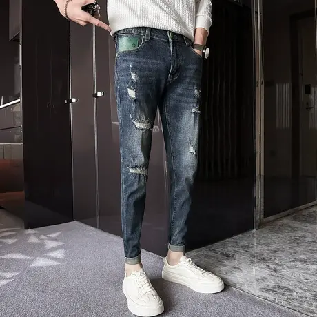 2023秋冬款个性拼皮破洞牛仔裤潮牌高街破洞小脚裤男韩版修身长裤商品大图