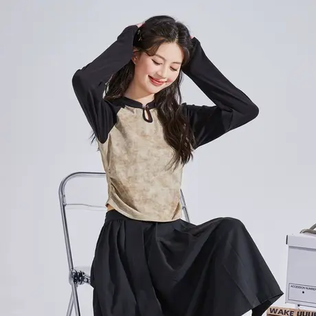 唐狮秋新款新中式长袖T恤女针织撞色拼接内搭设计感别致上衣商品大图