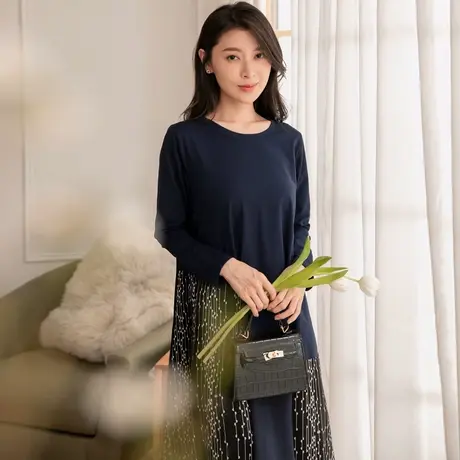 桔熊秋冬季气质设计感拼接印花宽松中长款连衣裙子女大码DA8958图片