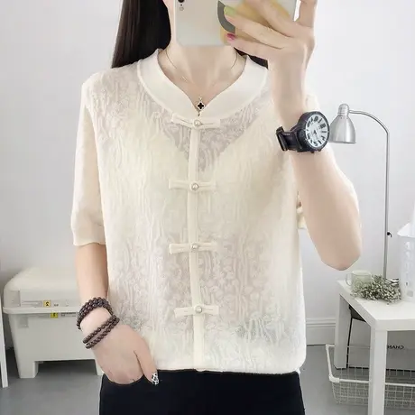 新中式短袖t恤女夏装2024新款旗袍领针织衫内搭薄款上衣洋气百搭商品大图