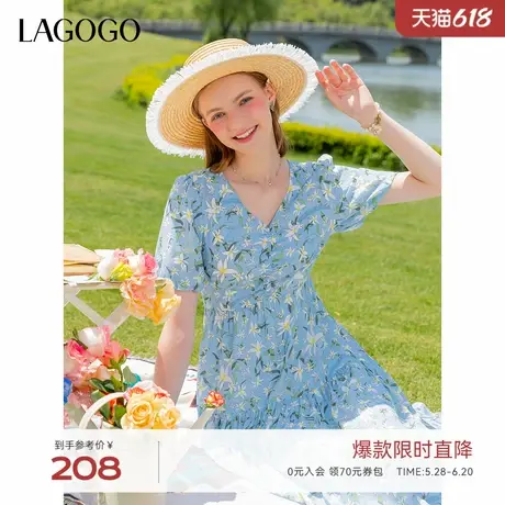 LAGOGO气质V领印花连衣裙女拉谷谷夏季新款田园风泡泡袖A字中长裙图片