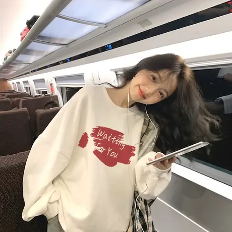 waitmore宽松韩版圆领卫衣女秋bf慵懒风上衣小个子长袖潮ins上衣商品大图