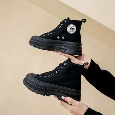 时尚百搭女鞋秋季新款高帮帆布鞋厚底小白鞋休闲厚底板鞋运动鞋子商品大图