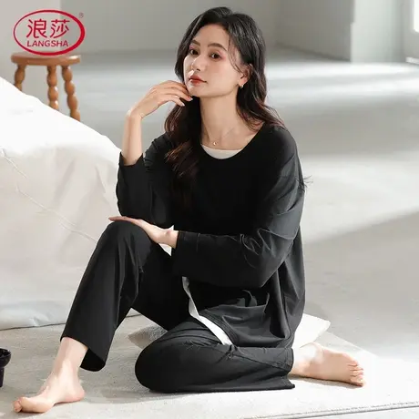 浪莎睡衣女春秋季年新款仿家居服套装长袖棉宽松休闲纯色大码长裤商品大图