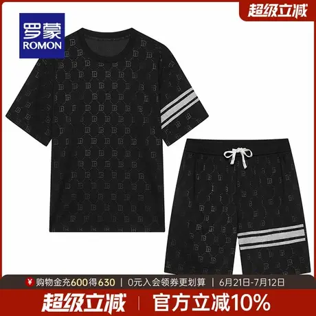 罗蒙男士短袖T恤套装2025夏季薄款阔版上衣潮流短裤五分裤两件套商品大图