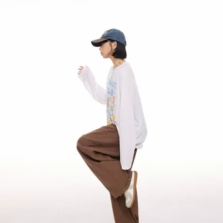 美式创意涂鸦印花长袖T恤女春秋新款宽松凉感物理防晒罩衫上衣潮商品大图