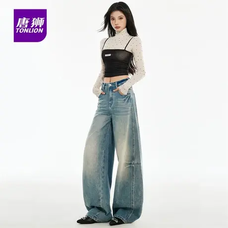 唐狮宽松弯刀牛仔裤女2025新款美式扎花宽松慵懒镰刀休闲长裤AX图片
