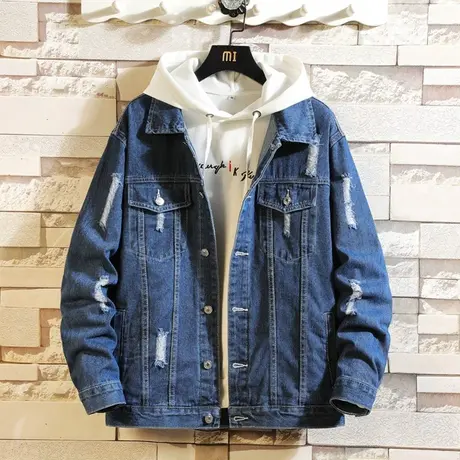 牛仔外套男韩版潮流春秋季休闲百搭青少年学生宽松破洞夹克上衣服商品大图