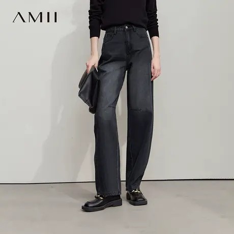 Amii2025秋新款极简复古港风休闲通勤百搭宽松棉阔腿牛仔长裤女图片