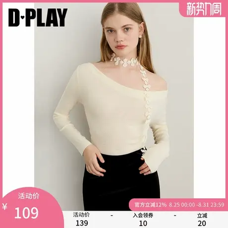 DPLAY2025年秋季新款白色针织衫女气质荡领飘带设计修身长袖上衣图片