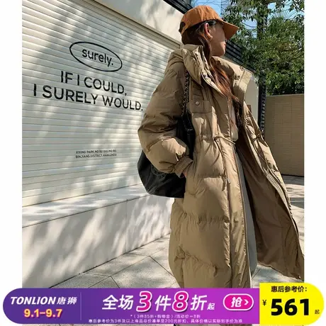 唐狮新款女长款收腰黑色羽绒服女2024新款冬季连帽厚外套慵懒风cq商品大图