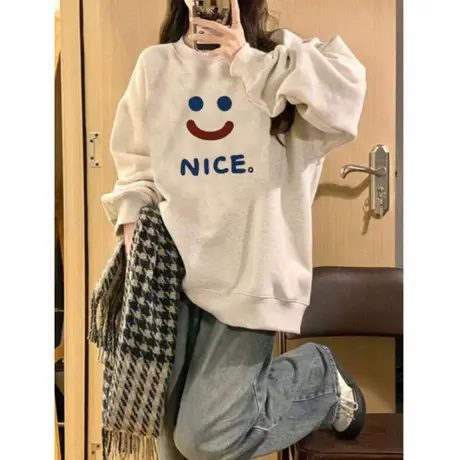 韩版笑脸加厚圆领卫衣女秋季宽松慵懒风oversize无帽套头情侣上衣商品大图
