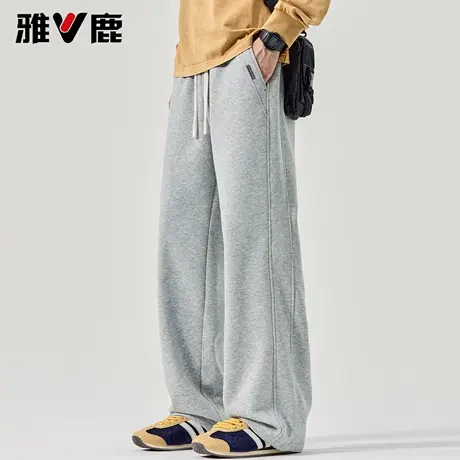 雅鹿2026秋冬新款宽松直筒休闲阔腿拖地裤加绒加厚松紧腰抽绳卫裤商品大图