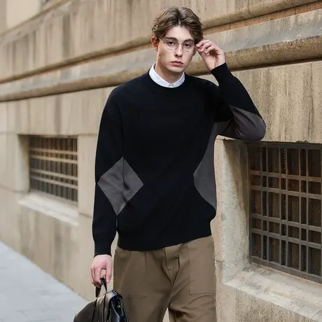 唐狮秋冬季毛衣男士圆领套头韩系穿搭撞色拼接高级感毛线衫TM图片