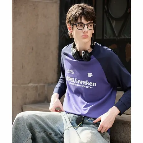 唐狮秋季新款长袖T恤男插肩袖撞色拼接圆领宽松上衣打底衫潮tTMTA图片