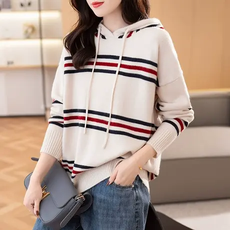 2023秋冬新款韩版宽松条纹套头针织衫毛衣上衣打底衫系带长袖女士商品大图