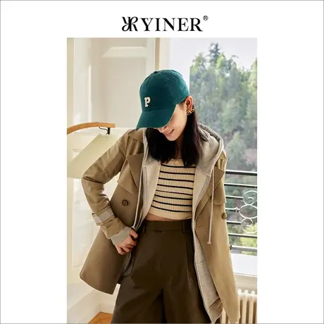 YINER音儿女装2022春季新款蝴蝶腰带双排扣西装领风衣商品大图