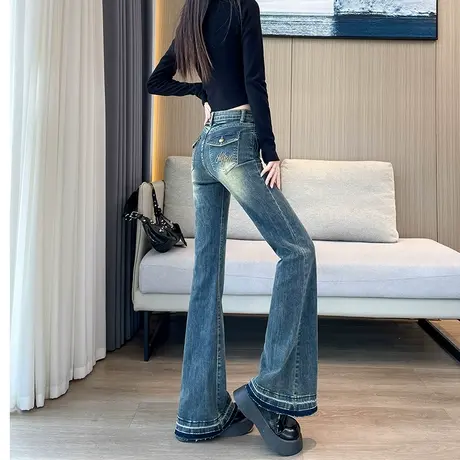 美式复古高腰微喇叭牛仔裤女2023新款辣妹修身显瘦设计感拖地长裤商品大图