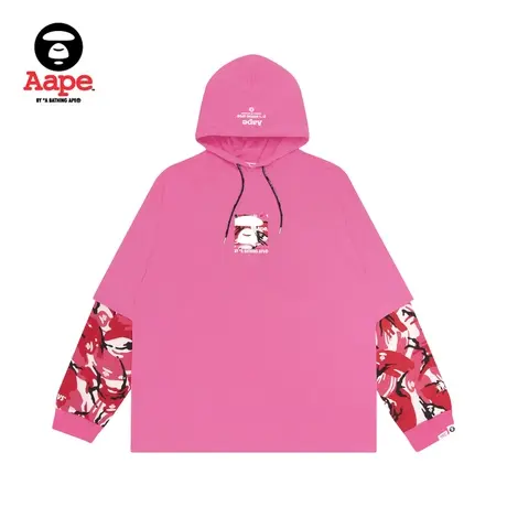 Aape男装春夏方型猿颜字母印花迷彩拼接假两件连帽长袖T恤0496XXE图片
