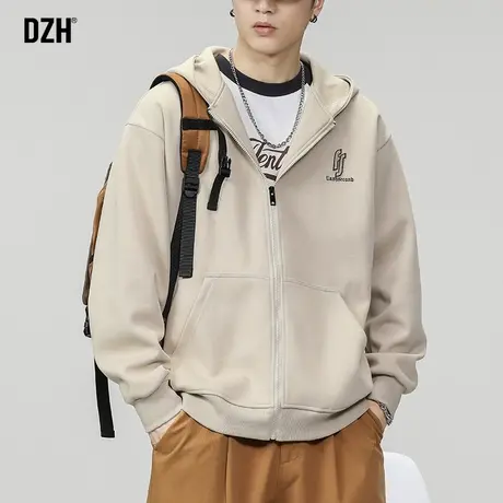 男士休闲运动外套男款杏色开衫卫衣秋季男美式连帽2023新款连帽衫商品大图