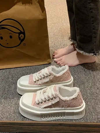 小众原创方头帆布鞋女2023秋季新款港风厚底小白鞋休闲百搭运动鞋商品大图