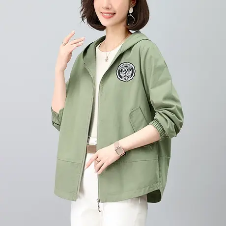 中年妈妈纯棉风衣连帽外套女春秋新款宽松加大码女装休闲洋气上衣图片