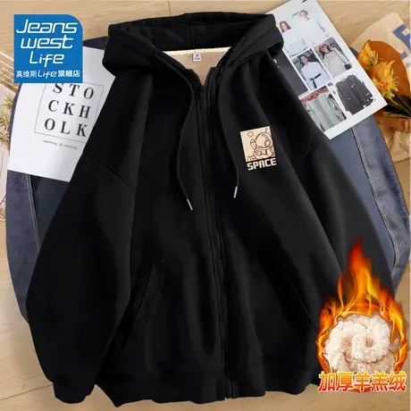 真维斯LIFE黑色加绒卫衣女2023新款爆款小个子宽松加厚外套女秋冬图片