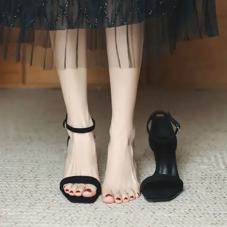 法式小跟低跟黑色凉鞋女2023年夏季新款中跟细跟3cm一字带高跟鞋商品大图