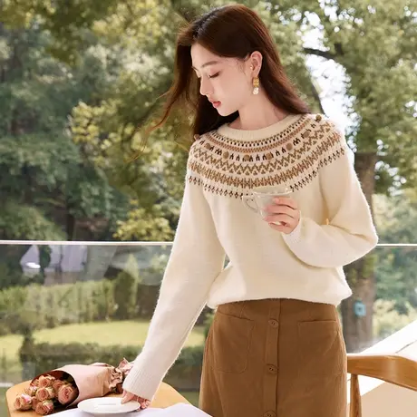 【罗永浩直播间】香影复古提花针织上衣女2023秋冬宽松漂亮毛衣商品大图