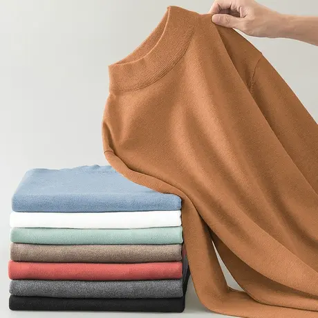 半高领毛衣男纯色针织衫秋冬保暖一体绒加厚加绒打底衫中领毛线衣商品大图