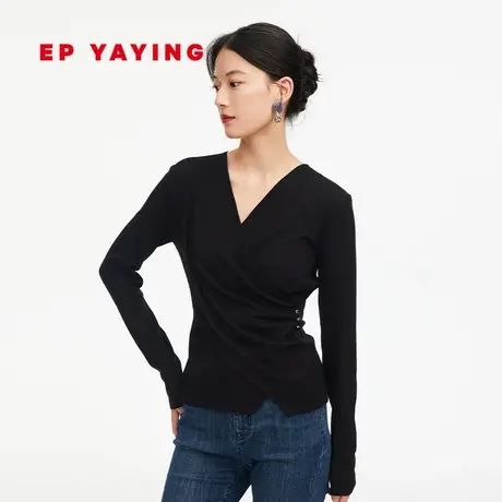 EP雅莹女装 V领围裹式收腰瘦瘦衫 黑色打底衫 商场同款5599Z掐腰商品大图