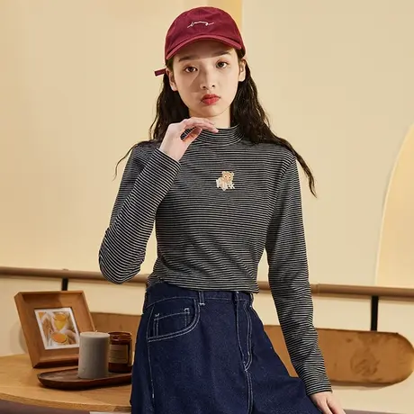 唐狮春秋新款条纹打底衫半高领长袖简约内搭修身T恤上衣女装图片