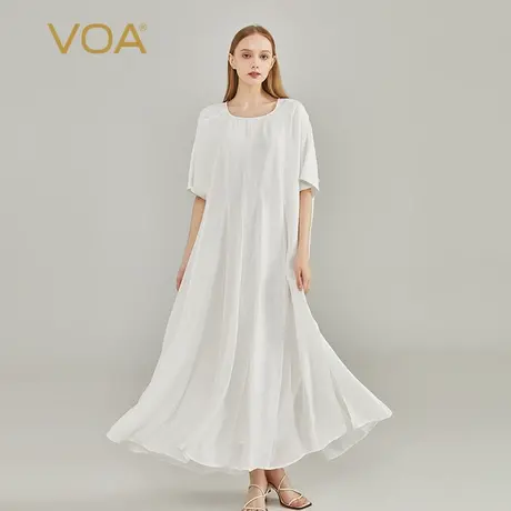 VOA桑蚕丝玉白圆领提花蝙蝠袖下摆单边开叉设计长袍宽松休闲裙女图片